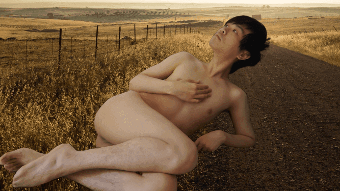 A nude figure rests peacefully on a rural dirt path amid vast golden fields and fences under a warm sunset sky, evoking tranquility and introspection through soft lighting and serene posture.
